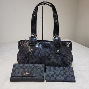 Coach Matching Purse Set of 3 Handbag Wallets Black Canvas Patent Leather
